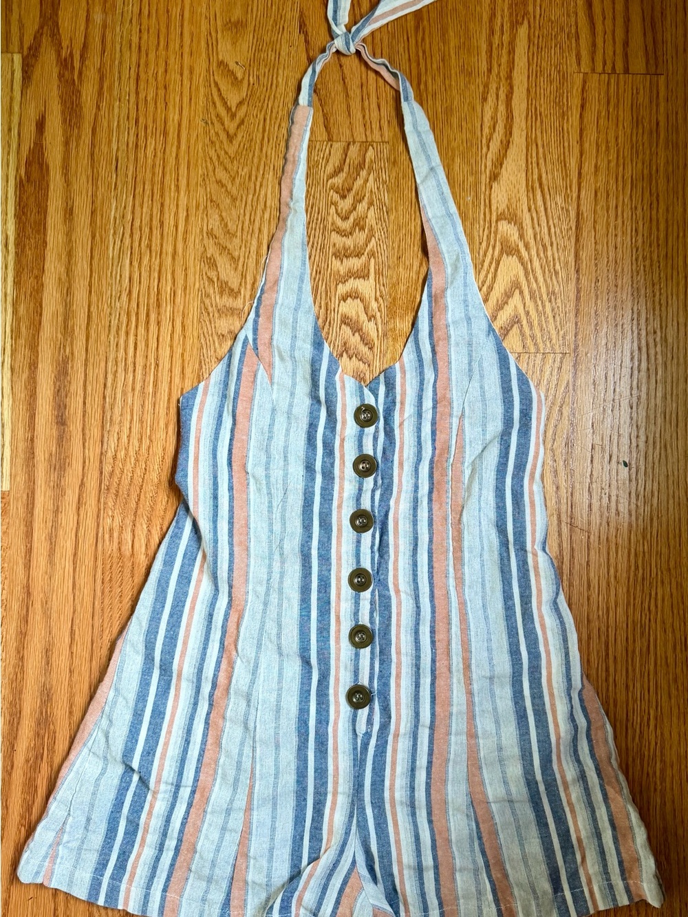 Striped Halter Romper in Blue and Tan and red - Lightweight Summer Romper small